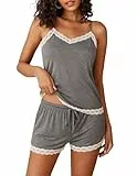 Avidlove Schlafanzug Damen Kurz Spitze Pyjama Zweiteiliger Sommer Ärmellos Nachtwäsche Set Sexy Hausanzug Sleepwear mit Cami Top und Shorts Grau M
