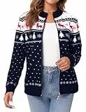 Sykooria Damen Strickjacke Weihnachten Jacke Langarm Cardigan Wärme Outwear Sweater mit Stehkragen und Reißverschluss, Navy Blau L