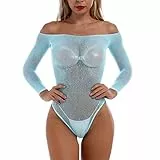 IBAKOM Damen Glitzerndes Strass-Fischnetz Durchscheinendes Mesh Bodysuit Langarm Leotard Oberteil Teddy Dessous Catsuits Bühnen-Clubwear Nachtclub Rave Outfit, hellblau, Einheitsgröße