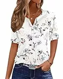 WNEEDU Damen Sommer T-Shirt Basic Shirt V-Ausschnitt Blusen Top Oberteile Kurzarm Tshirt mit Knöpfen 2025 Neu Floral Weiß M