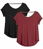 icyzone Damen Rückenfrei Yoga T-Shirt Kurzarm Sport Freizeit Tops Lose V-Ausschnitt Shirt, 2er Pack (XL, Schwarz/Weinrot)