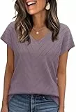 WIHOLL Pullover Damen Kurzarm Sommer Elegant T Shirt Leicht V-Ausschnitt Stretch Oberteile Basic Strickpullover Tops Lila L