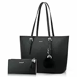 Handtasche Damen Set Schwarz Tasche Mit Geldbörse für Büro Schule Einkauf Handtasche Damen Groß Mit Quasten Damen und Pelz Kugel Plüsch Schlüsselring