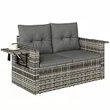 Outsunny Gartensofa 2-Sitzer Rattansofa mit Kissen Klappbar Seitentabletts Loungesofa Sitzgruppe, Wetterfest Couch für Garten Terrasse Balkon, Poly Rattan Hellgrau