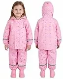 JiAmy 2-teiliger Regenanzug Mädchen Jungen, Matschkleidung Kinder mit Tragbarer Aufbewahrungstasche und Reflektierendem Streifen Rosa für 1-2 Jahre