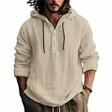 Leinenhemd Herren Langarm Baumwolle Leinen Hoodie Einfarbig Hoody Oberteile Knopfleiste Langarm Hemd mit Kapuze Modische Langarmshirt Sommerhemd Shirt Leichte Bequem Freizeithemden