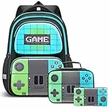 Beaulyn Schulrucksack für Jungen, Gamer-Schultasche für Kinder, Grundschule, 43,2 cm, Videospiel-Rucksack für Laptop, Spiel, blaugrün, 3 Stück, 3Pcs Backpack Set, Gamer-Rucksack
