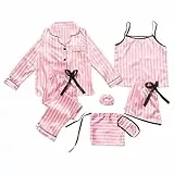 Jamron Mädchen 7PCS Satin Pyjama Set Frühling Sommer Herbst Tops & Kurze Hose Nachtwäsche SN07655-2 Rosa Streifen 140CM