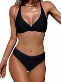 SWIMLANCE Bikini Damen Set Sexy Low Waist Bikini V Ausschnitt Neckholder Bademode Zweiteiliger Push Up Badeanzug Swimsuit Schwarz M
