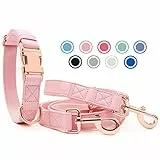 Weich Leder Hundehalsband und Leine (2m) Set - 3-Fach Verstellbar Hundeleine mit Halsband, Stilvollen Rose Gold Metall Schnalle & Nylon Hund Leinen für Welpen Kleine Mittlere Große Hunde Rosa,L