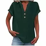 KOG Damen Tshirt Elegant Leinenshirt Oberteile Lose Kurzarm Oberteil Frauen Bekleidung Leinenbluse Blusen Teenager Rundhals Retro Longbluse Grün L