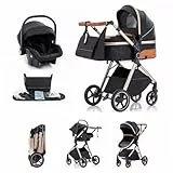 Kakbgee 3 in 1 Kinderwagen mit Babyschale, Faltbar Buggy, 7-fach höhenverstellbarem Griff, 4-Rad Federung, Regenschutz, Moskitonetz, Kombikinderwagen für Neugeborene 0-3 Jahre (15kg), Schwarz