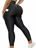 SEASUM Damen-Leggings mit hoher Taille, für Workout, Yoga, Po, Lifting, Bauchkontrolle, Anti-Cellulite, strukturierte Strumpfhose, #1 P-Seite Pocket Schwarz, Groß