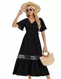 KOJOOIN Sommerkleid Damen Maxikleid mit Gürtel Kurzarm 2024 Sommerkleid Elegant Strandkleid V-Ausschnitt Schwarz S