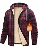 heekpek Fleecejacke Herren Hemdjacke Karierte Winter Kapuzenpullover Herren mit Reißverschluss Warme Kapuzenjacke Fleecefutter Hoodie Winterjacke Gefütterte Sweatjacke, Rot, M