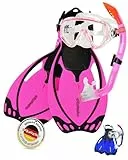 AQUAZON Miami Schnorchelset, Schwimmset, Tauchset, Taucherbrille mit Anti Fog Tempered Glas, Silkon, Semi Dry Schnorchel, verstellbare Flossen für Kinder, Farbe:pink, Größe:32/37