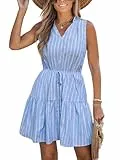 CUPSHE Damen Sommerkleid V-Ausschnitt Ärmellos Gestreift Stufen Rüschen Kordelzug A-Linie Freizeit Minikleid Strandkleid Blau L