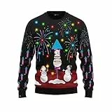 JAP Christmas Schneemann und Feuerwerk mit LED Lampe - Lustiger Hässlicher Weihnachtspullover Für Damen und Herren Ugly Christmas Sweater - 3XL