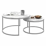Ginhow 2 Teilig Wohnzimmertisch Weiß, Beistelltische-Set Rund, Set mit 2 Couchtische mit Stabiles Metallbein, Ø70 + Ø50 cm (Weiß und Silber)