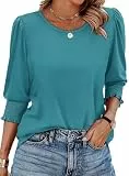 XIEERDUO Bluse Damen Rundhals 3/4 Ärmel Oberteile Elegant Sommer Tunika Tops Longshirt Lässige T-Shirt Gebogener Saum Grau blau M