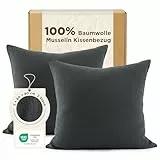 BEDSURE Musselin Kissenbezug 80x80 2er Set - 100% Baumwolle Kopfkissenbezug 80 x 80, Muslin Kissenbezüge 2 Teilig mit Reißverschluss, Oeko-TEX Zertifiziert, Sommer Kopfkissenbezüge Anthrazit