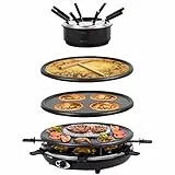 Syntrox Germany 4in1 Raclette mit Fondue für 8 Personen, Tischgrill mit heißem Stein, Pancake- und Crepesplatte, 8 Pfännchen, 1350 W, antihaftbeschichtet, schwarz
