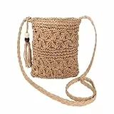 Moorle Strohtasche Damen, Strohtaschen Damen Boho Stil, Stroh Umhängetasche mit Quaste, Stroh Handtasche Crossbody Tasche für Sommer Urlaub Strand Reisen Khaki