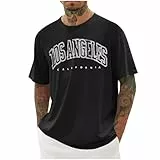 UHouse T-Shirts für Herren Oversized Sommer Tshirt Los Angeles Oberteile Loose Fit T Shirt Männer Casual Mode Motiv Bekleidung Junge Tee Shirts Streetwear Baumwolle Tops Prime Schwarz 4XL