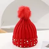 Posheliox Damen Strickmütze, doppellagig, Baumwollmischung, warm, dick, Kuppeloberteil mit Perlendetail, für den Winter, Pendeln, Outdoor, Alltag (Einheitsgröße, hellrot)