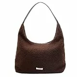 HAWILL Umhängetasche Damen Kleine Unterarmtasche mit Reißverschluss Schultertasche Damen Weich Teddy Halbmond Einfarbig Plüsch Tasche mit Münzgeldbörse für Business Arbeit Büro Schule (Braun)