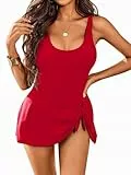 AI'MAGE Badeanzug mit Rock Damen Einteiler Badekleid Bauchweg mit Brustpolster Elegant Swimsuit Sommer, Rot L