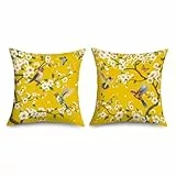 Joymaison Kissenbezüge 45x45 cm 2er Set Frühling Sommer Blumen Vögel Dekorative Kissenbezug Vintage Chinesischer Gelb Kolibris Deko Kissenhülle für Sofa Couch Schlafzimmer Wohnzimmer