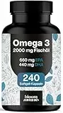Omega 3 Kapseln hochdosiert 2000mg Fischöl - 240 Softgel-Kapseln - davon 660 mg EPA und 440 mg DHA - Unterstützt die Gesundheit von Herz, Gehirn und Augen* - Produziert in Deutschland