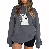 SOYNIA Pullover Cardigan Sweater Damen Lose Halloween Hoodies Schulter Frei Bedruckt Lang Ärmel Iger Pullover Sweatshirt Grafik Freizeit Pullover S Grau