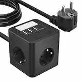 4Fach Steckdosenleiste mit USB C,Steckdosenwürfel USB mit Nachtlicht, Mehrfachsteckdose Würfel mit Schalter, Mehrfachstecker Verteilersteckdose für Zuhause Büro, 1,5m Kabel Schwarz
