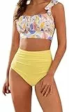 Ocean Plus Damen Volant Bikini Set Rüschen Bikinis mit Hoher Taille Dreiteiliger Bikini-Set Pareos Bikini Cover Up (M (EU 36-38), Gelb)