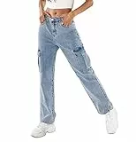 Nina Carter Q1888 Damen Cargo Jeans High Waist Cargohose Stretch Straight Leg Hose, Hellblau (Q18881), L