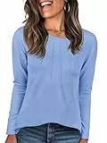 Cicy Bell Damen Langarmshirt Rundhals Basic Longshirt Falten Tshirt Langarm Oberteil Elegant Tunika Tops Lockere Shirt Hellblau M