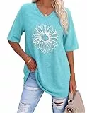 Litherday Damen T-Shirt Oversize V-Ausschnitt Locker Kurzarm Gänseblümchen Print Plus Size Bluse Freizeit Sommer Casual Top (Hellgrün, XXL)