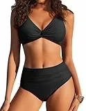 Ekouaer Bikini Damen Set Sexy Oberteil und Höschen High Waist Bademode Bauchweg Schwarz XL