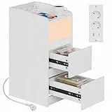 IRONCK Nachttisch Schmal, Beistelltisch mit Ladestation und LED, Bedside Table mit Offenem Fach, für Schmale Räume Schlafzimmer, Wohnzimmer, Weiß