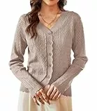 KANCY KOLE Sommer Leichte Kurze Strickjacken für Damen Langärm V-Ausschnitt Strickjacke mit Knöpfen Strickmantel Milchkaffee L