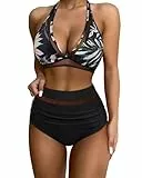 RXRXCOCO Damen Mesh Neckholder Rückenfrei Bauchweg High Waist Bikini Set Push Up Sexy V Ausschnitt Zweiteiliger Badeanzüge Bademode Schwarz Geblümt Size XL