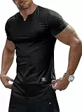 JMIERR Herren Muscle Slim T-Shirt V Ausschnitt Longline Henley Shirt Gym Workout Athletic T-Shirts Schwarz L
