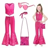 Shinybox Cowgirl Kostüm für Mädchen Kinder, 5 Stück Hippie Disco Kostüm, Rose Ausgestellte Hose mit Tasche, Brille, Kinder Western Kostüm, Karneval Kostüm Mädchen für Halloween Cosplay Geburtstag(M)
