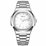 JewelryWe Uhren Herren Analog Quarz Armbanduhr Luxus Mode Rechteckig Datum Kalender 30m Wasserdicht Edelstahl Armband Geschäfts Beiläufige Uhr mit Leuchtend Zeiger und Uhrenwerkzeug Weiß