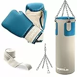 ScSPORTS® Boxsack - Set, 25kg, Gefüllt, mit Boxhandschuhen (12oz), Bandagen, Nylongurt, Tasche, PVC, Beige - Boxset, Boxsack-Set, Box-Set für Zuhause, Erwachsene, Boxing, Kickboxen, Boxen