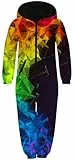 Ocean Plus Unisex Langarm Reißverschluss Kapuze Fleece Overall Jungen Digitaldruck Fleece Mädchen Einteiler mit Kapuzen Schlafoveralls (L (Körpergröße: 145-150 cm), Mehrfarbige Geometrie)