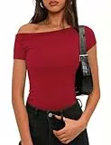 Totatuit Off Shoulder Oberteil Damen Kurzarm Slim Fit Top Schulterfrei Y2K Sommer Party Outfit Rot L