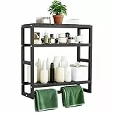 Zuxbolf Badezimmer Regal 3 Ebenen Standregal Badezimmer Organizer Badezimmerregal Wandregal Bambus Badregal 43 * 42 * 15cm Holzregal platzsparend Hängeregal Schwarz Badezimmermöbel für Bad, Küche